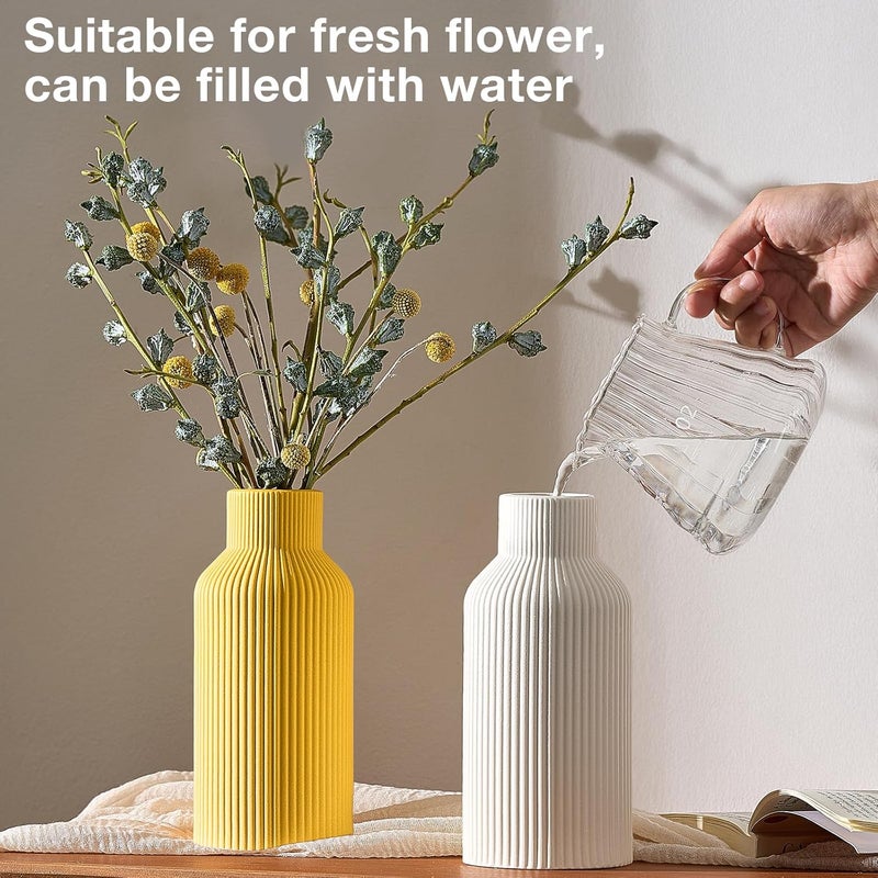 Mfacoy Ceramic Flower Vase, Minimalist Decor, Modern Home Decorative Vase, Small Pampas Grass Vases for Kitchen Bedroom Office Living Room Bathroom Shelf Centerpiece Table Decorations (Light Yellow) - Image 4